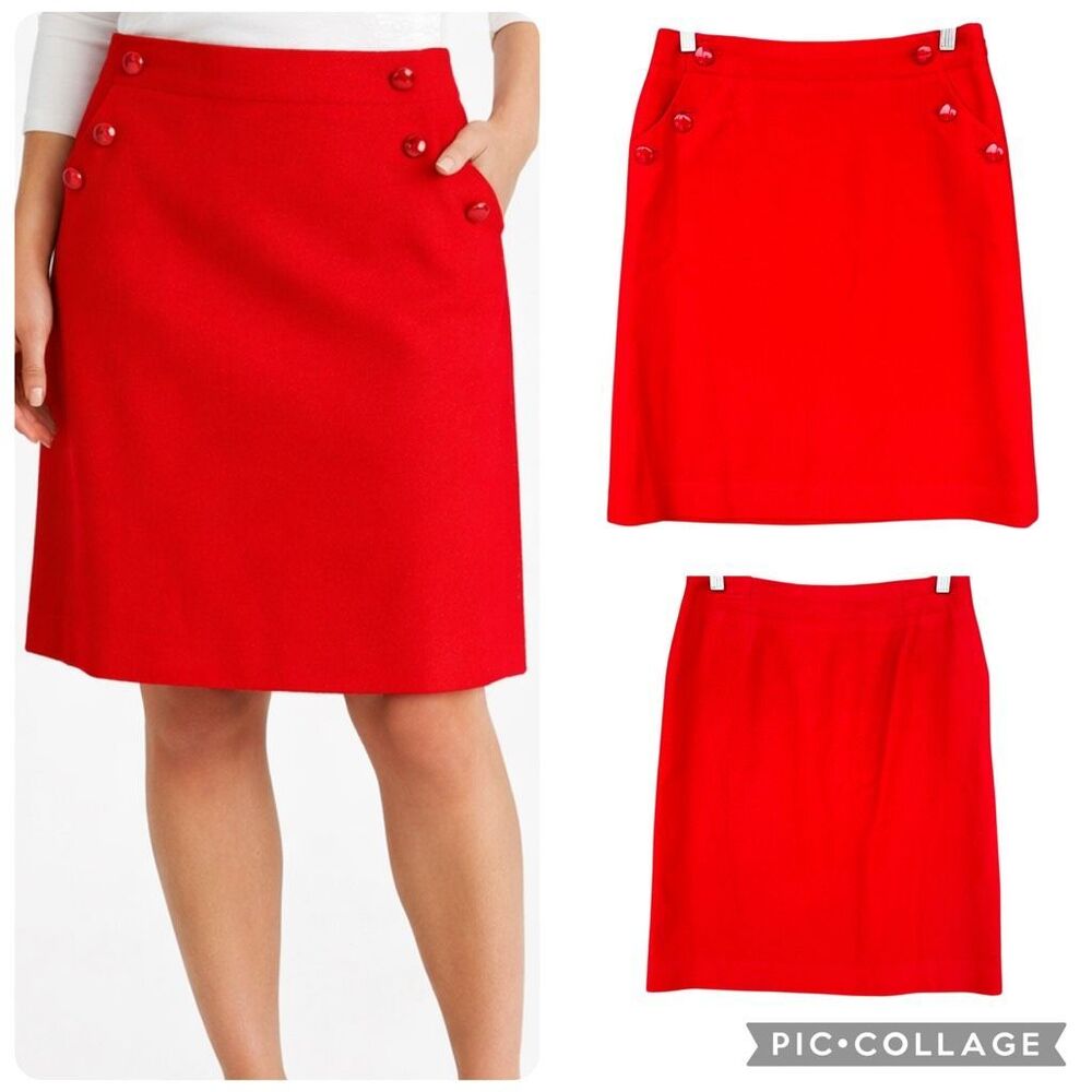 J.Crew Red 100% Wool Straight Skirt Nautical Button Detail Size 2 Pockets Lined